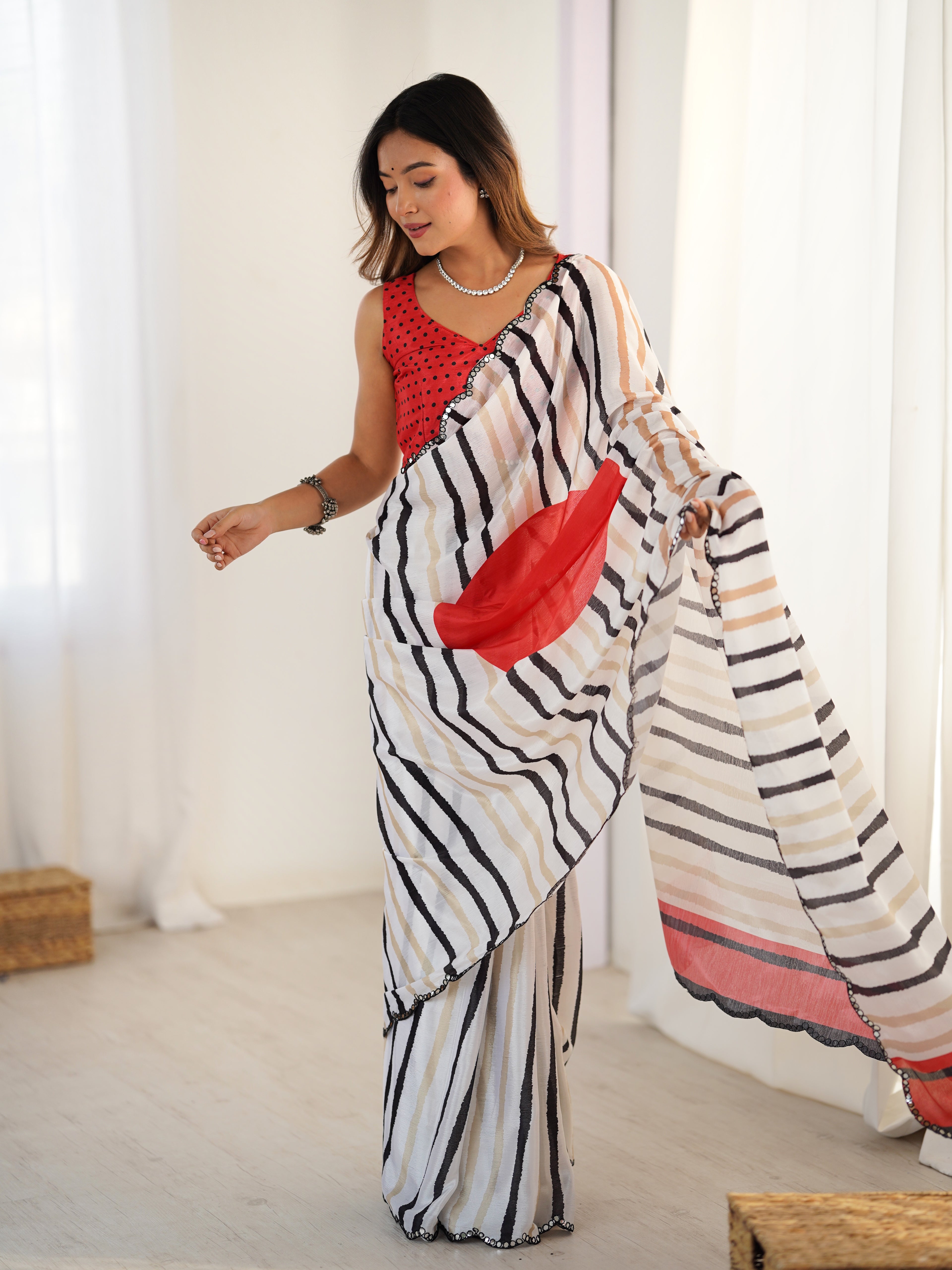 White Multi-Stripe Heavy Chinnon Saree With Unstitched Blouse