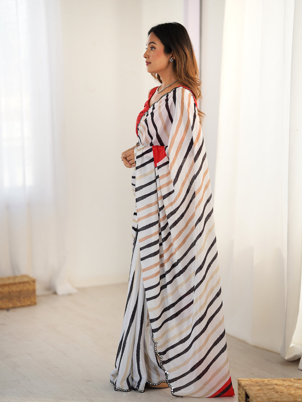 White Multi-Stripe Heavy Chinnon Saree With Unstitched Blouse