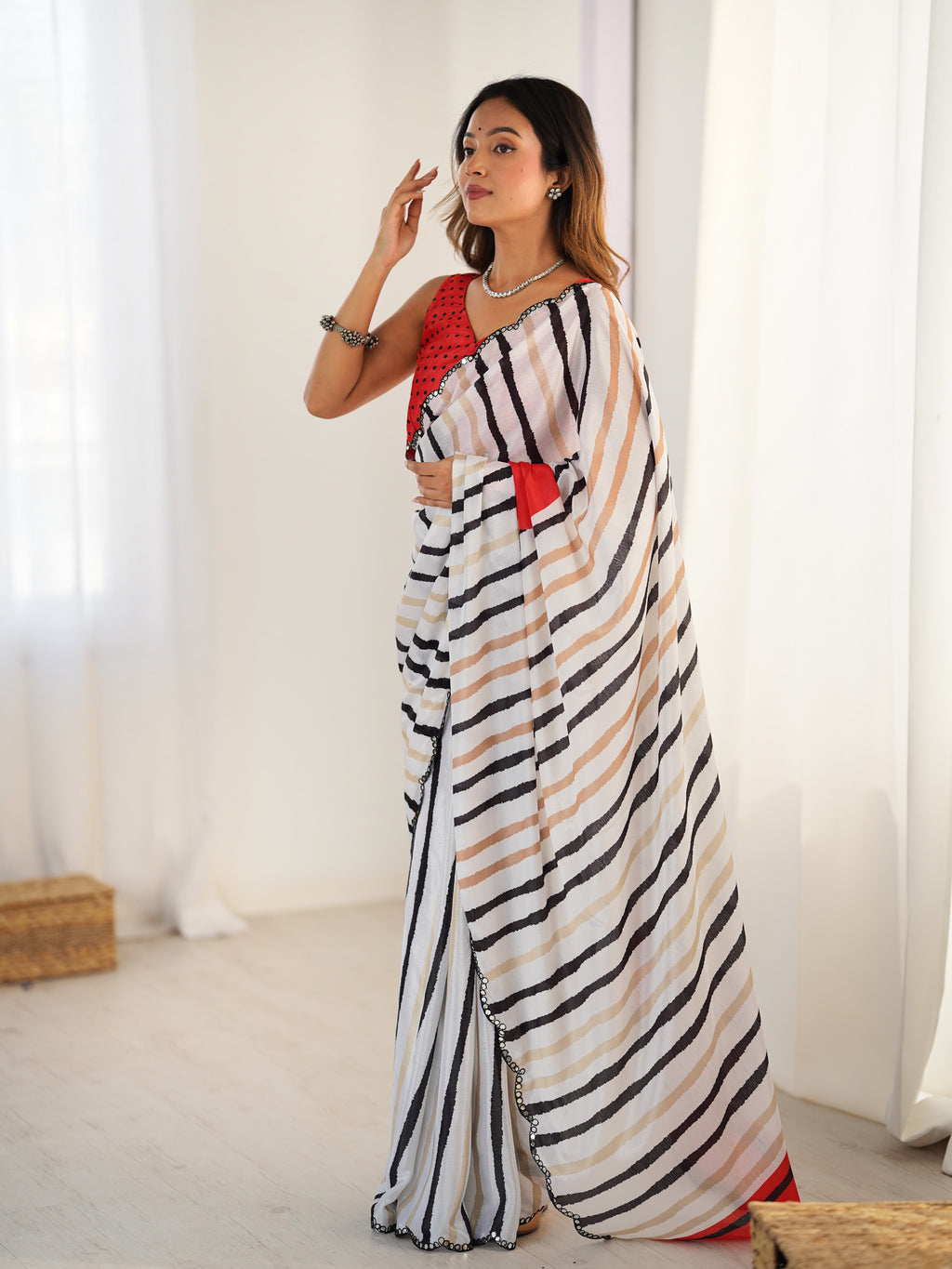 White Multi-Stripe Heavy Chinnon Saree With Unstitched Blouse