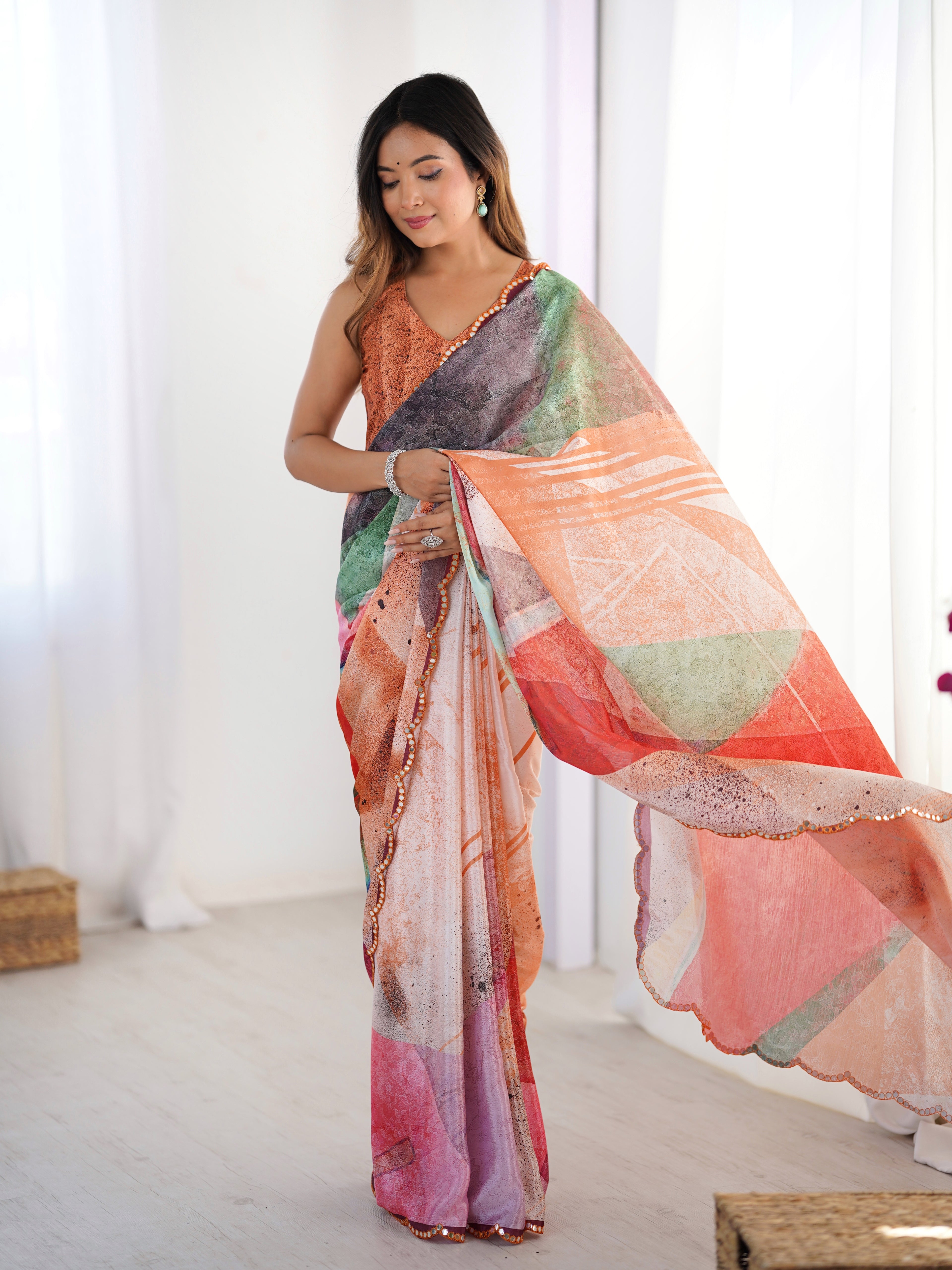 Multi-Color Abstract Heavy Chinnon Saree With Unstitched Blouse
