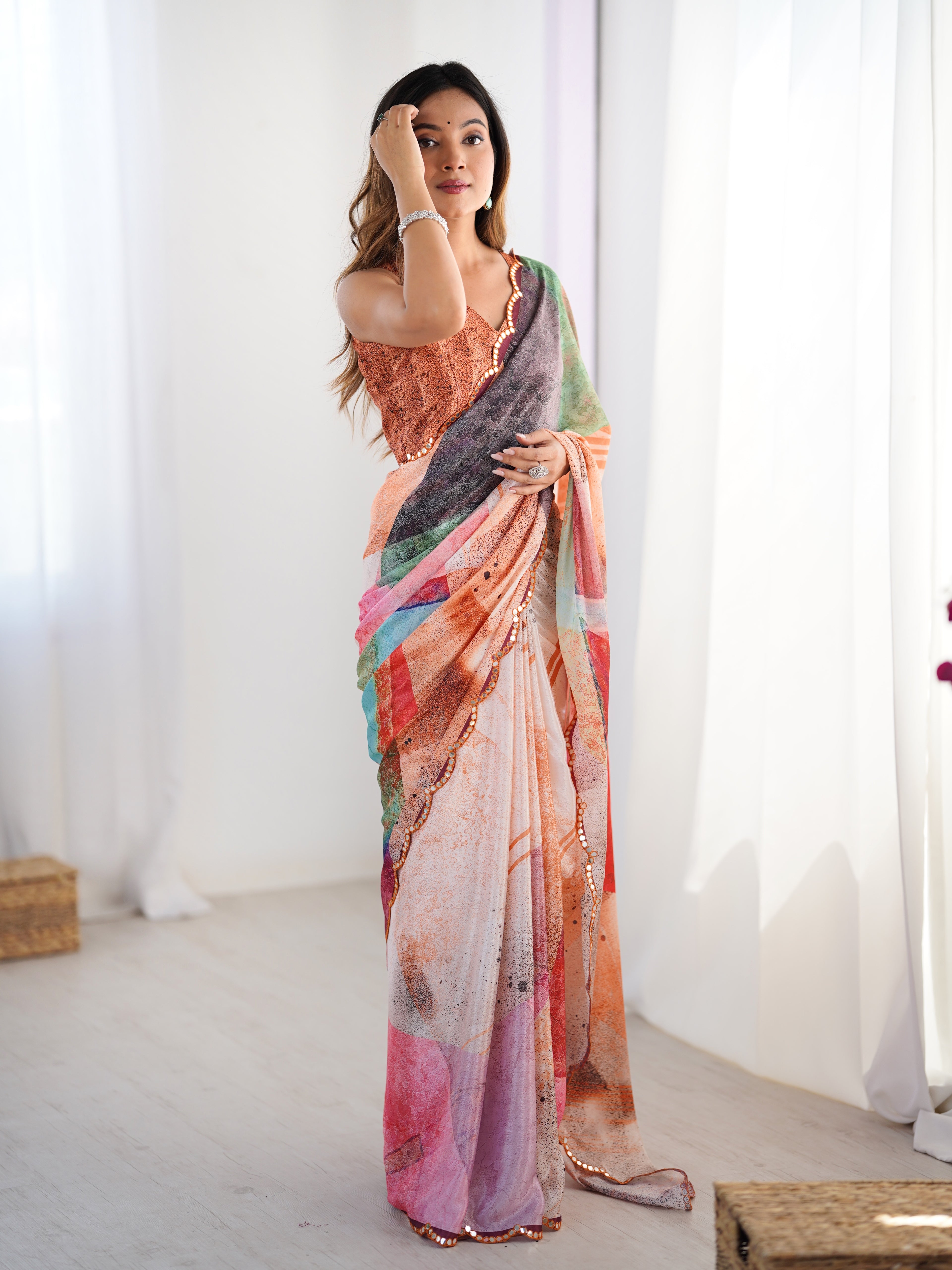 Multi-Color Abstract Heavy Chinnon Saree With Unstitched Blouse