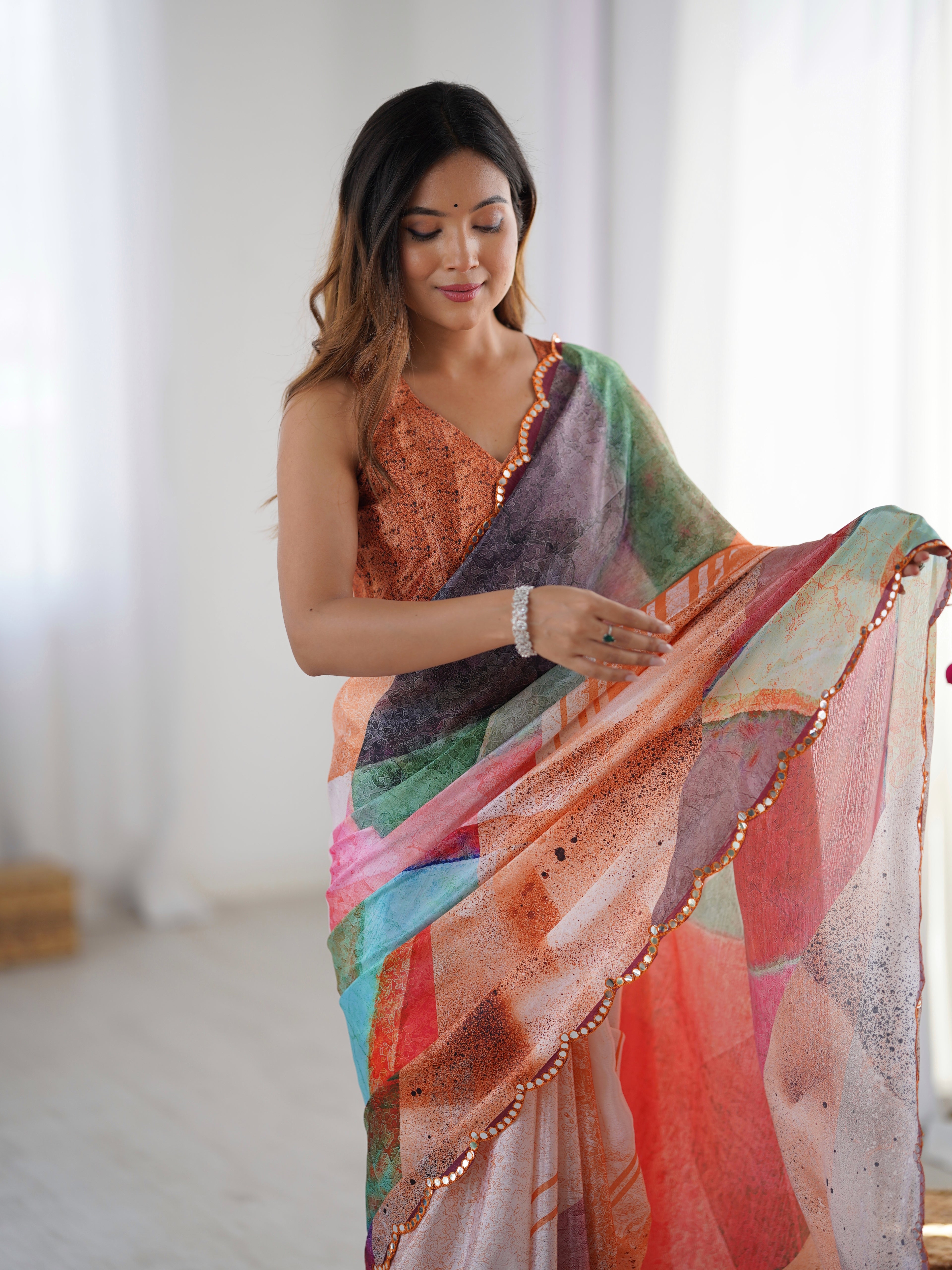 Multi-Color Abstract Heavy Chinnon Saree With Unstitched Blouse