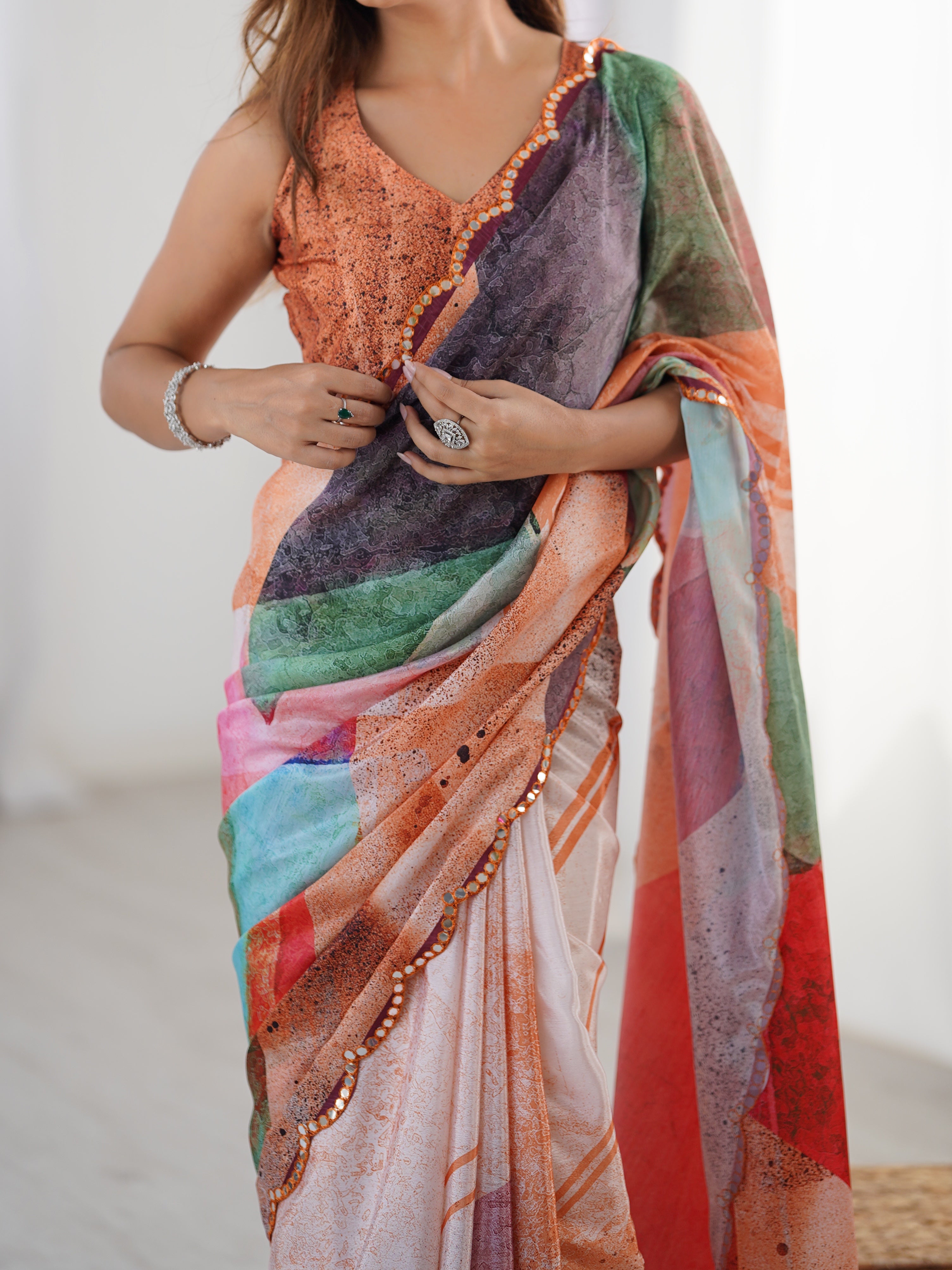 Multi-Color Abstract Heavy Chinnon Saree With Unstitched Blouse