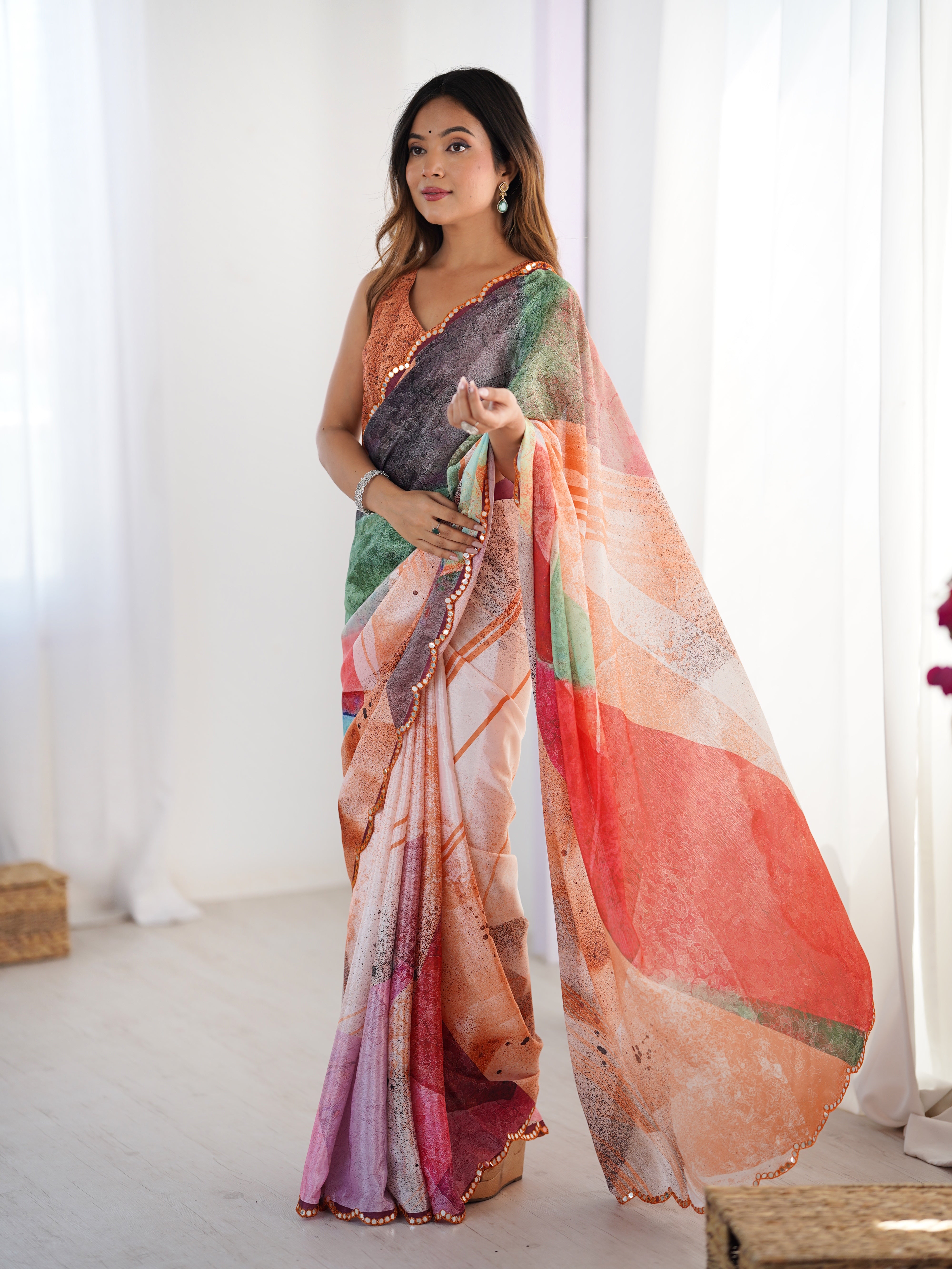 Multi-Color Abstract Heavy Chinnon Saree With Unstitched Blouse