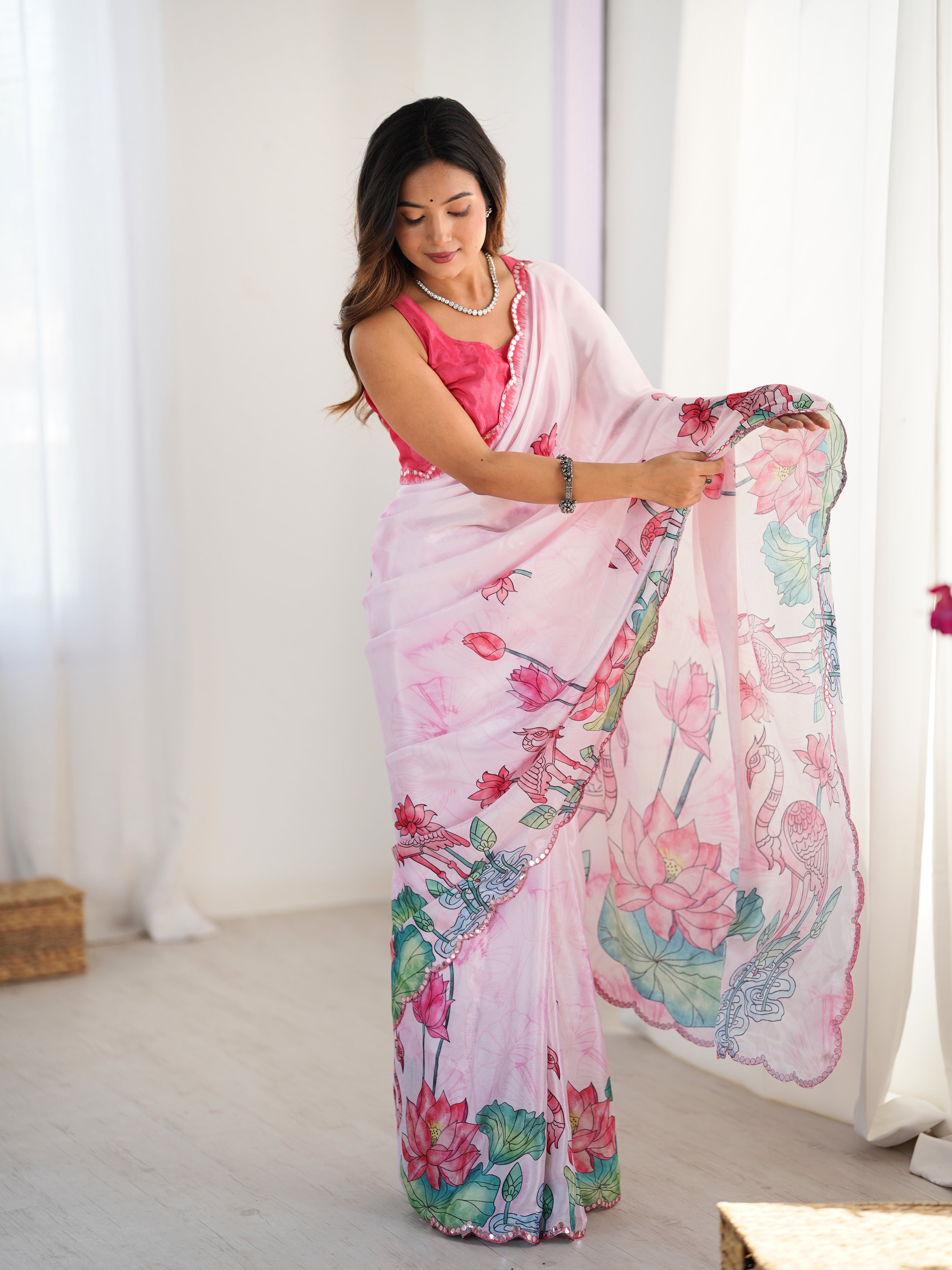 Light Pink Heavy Chinnon Saree With Lotus Print Unstitched Blouse