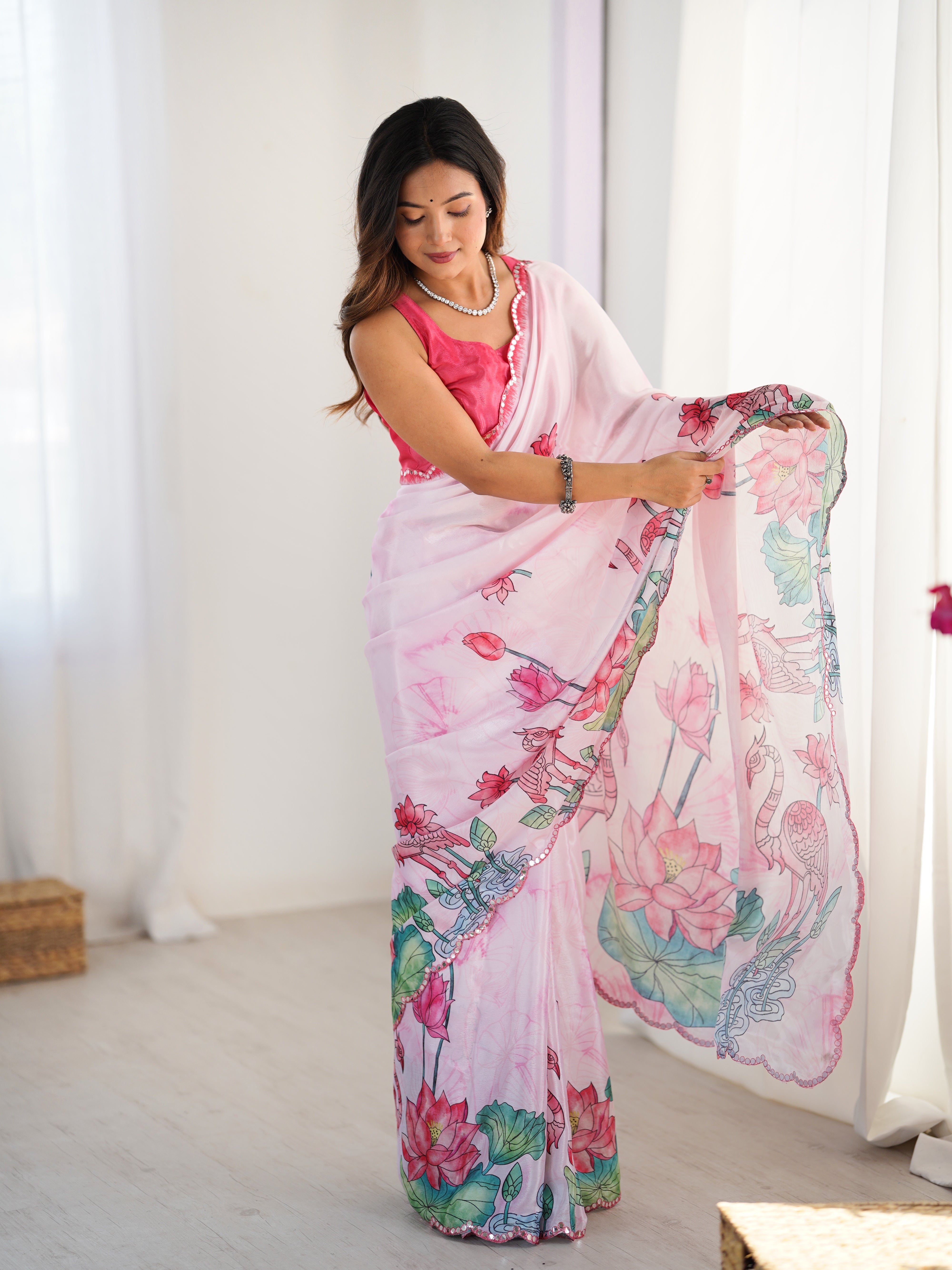 Light Pink Heavy Chinnon Saree With Lotus Print Unstitched Blouse