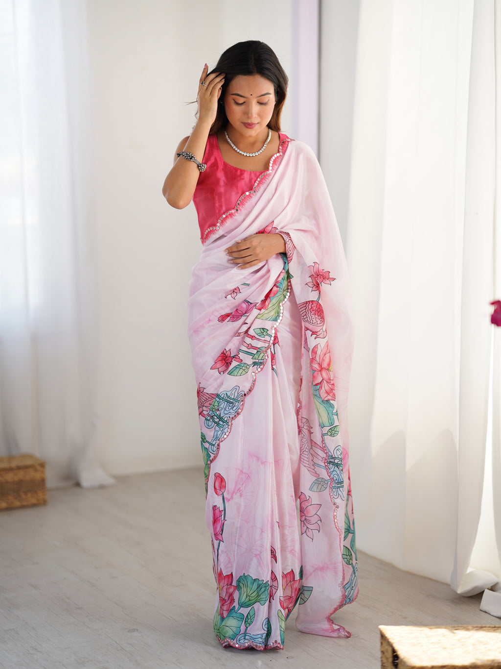 Light Pink Heavy Chinnon Saree With Lotus Print Unstitched Blouse