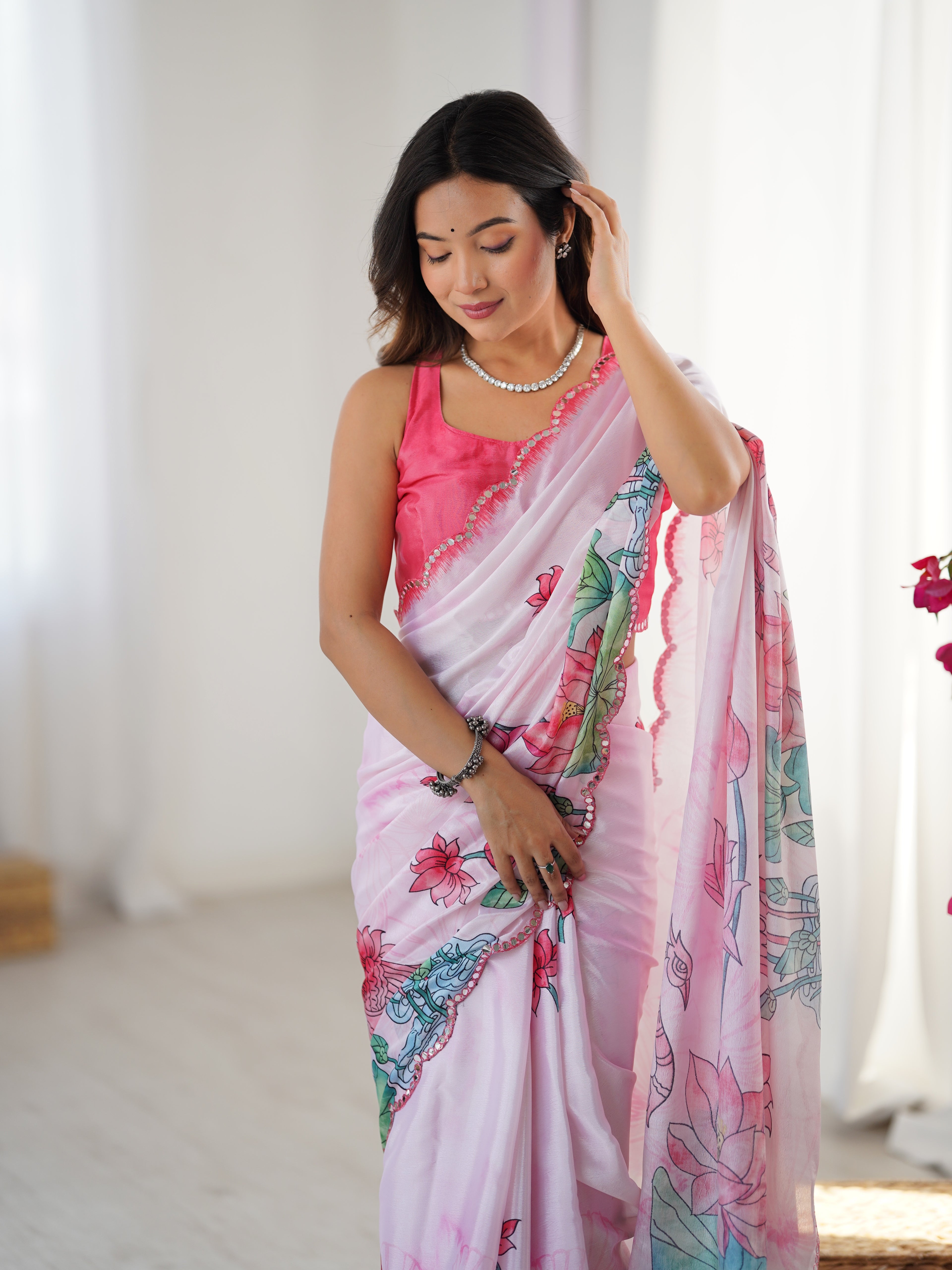 Light Pink Heavy Chinnon Saree With Lotus Print Unstitched Blouse