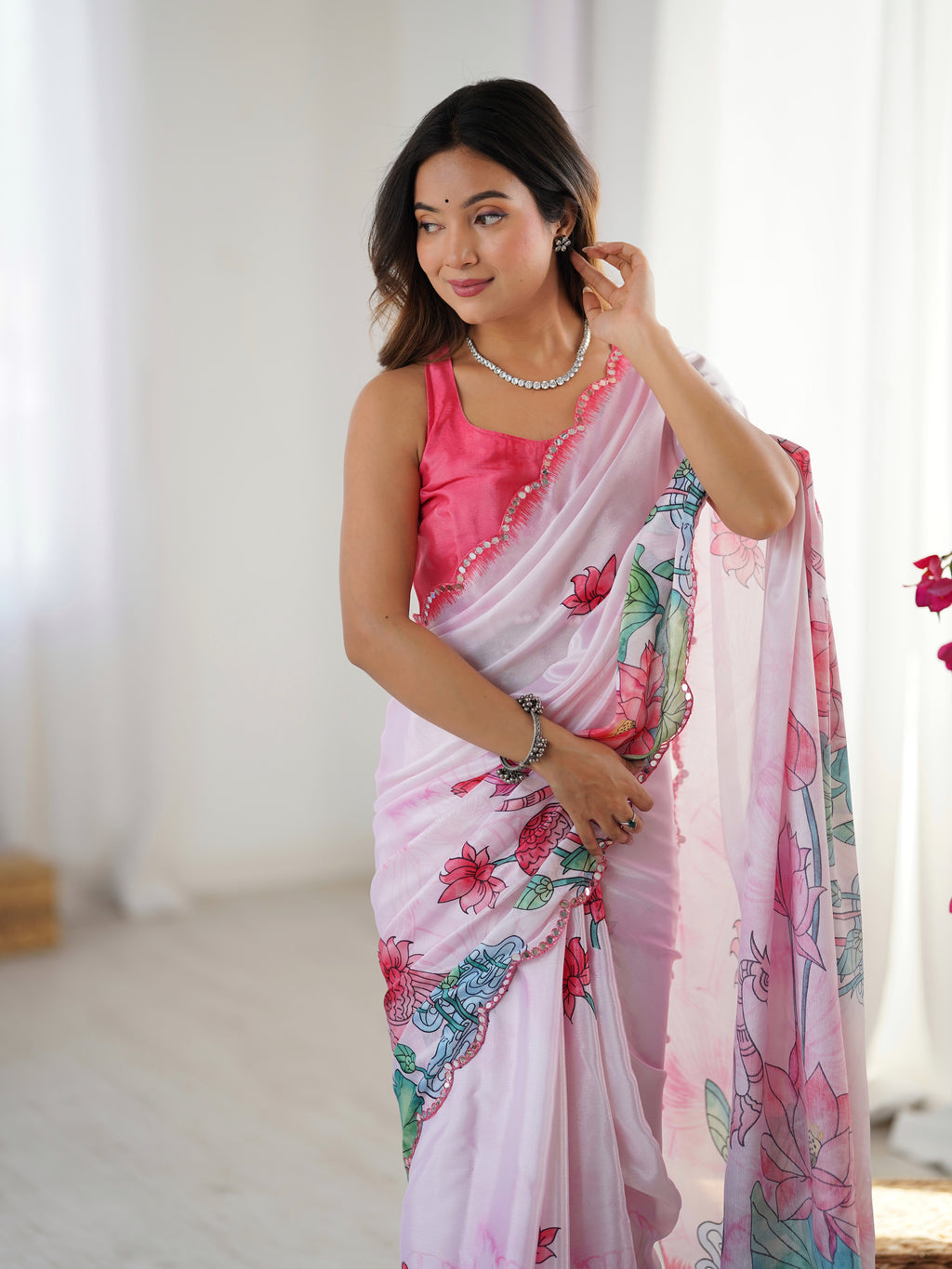 Light Pink Heavy Chinnon Saree With Lotus Print Unstitched Blouse