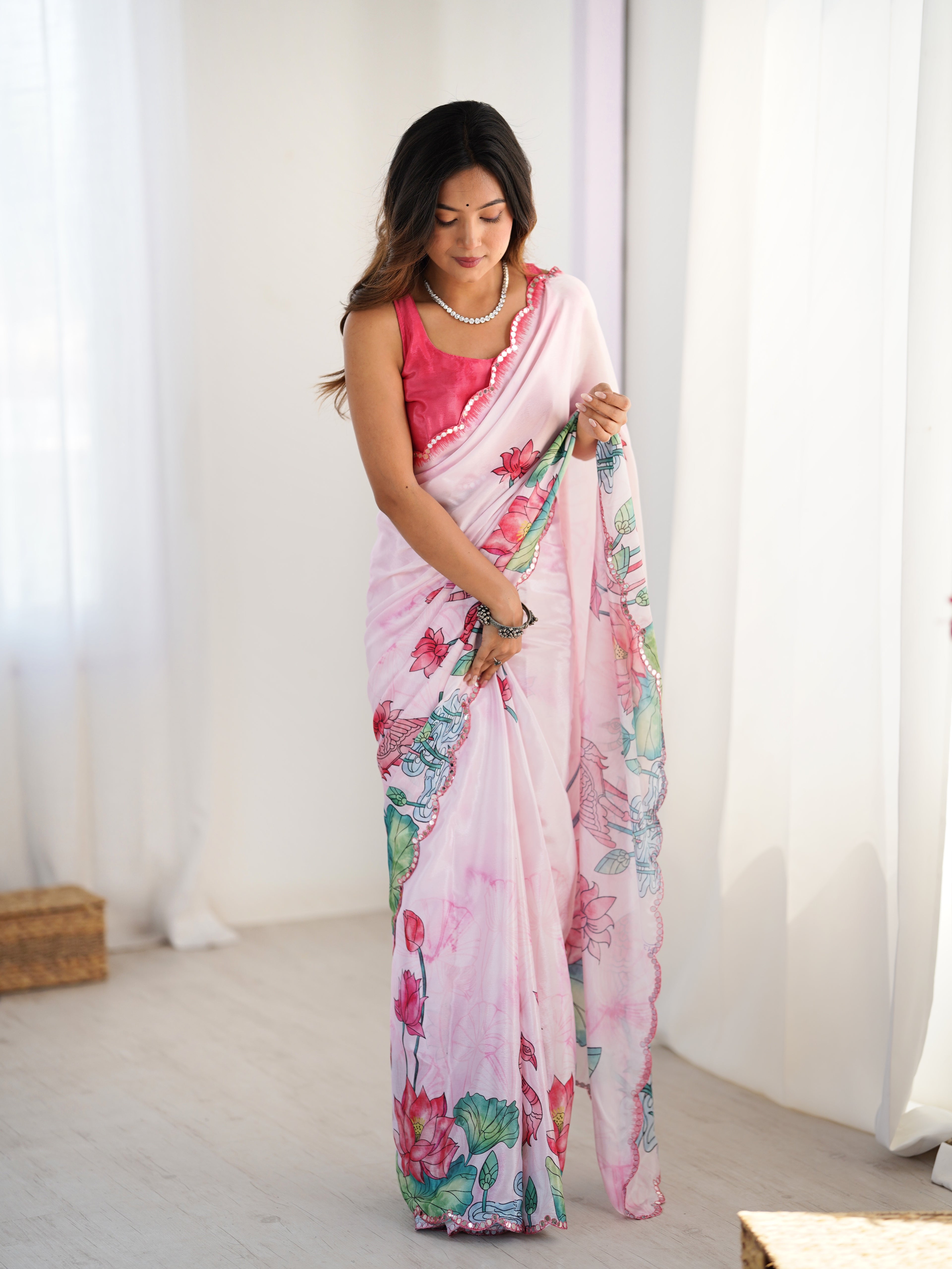 Light Pink Heavy Chinnon Saree With Lotus Print Unstitched Blouse