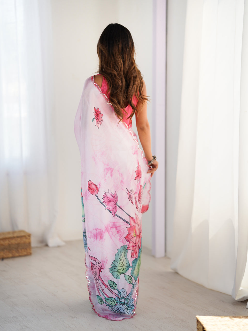 Light Pink Heavy Chinnon Saree With Lotus Print Unstitched Blouse