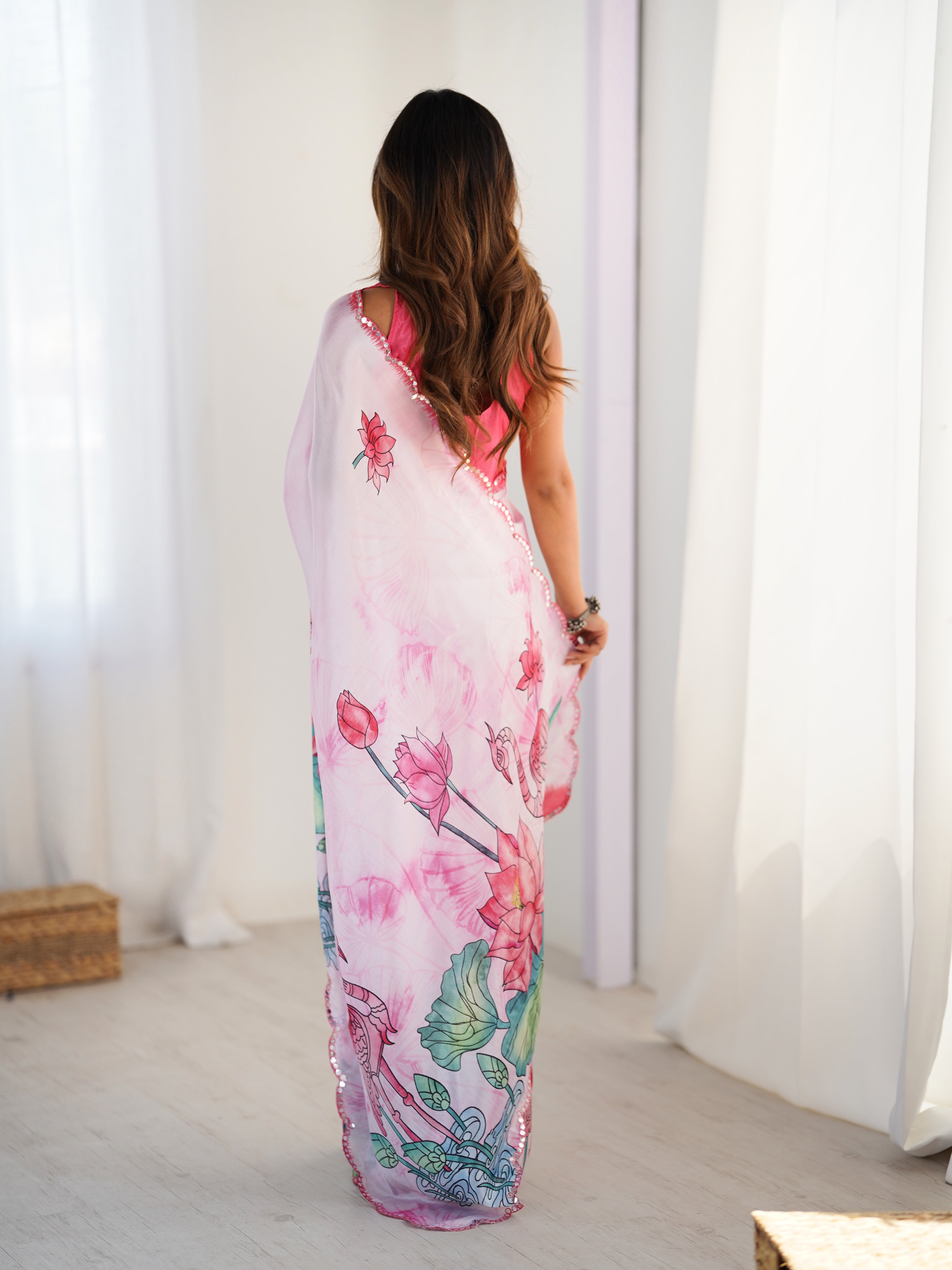 Light Pink Heavy Chinnon Saree With Lotus Print Unstitched Blouse