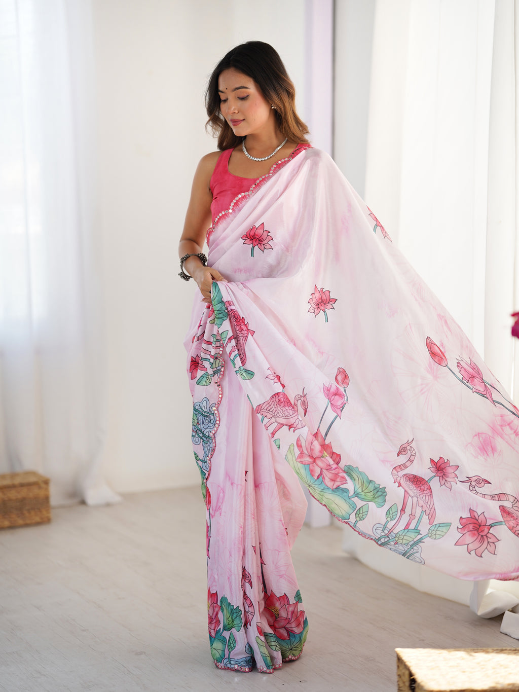 Light Pink Heavy Chinnon Saree With Lotus Print Unstitched Blouse