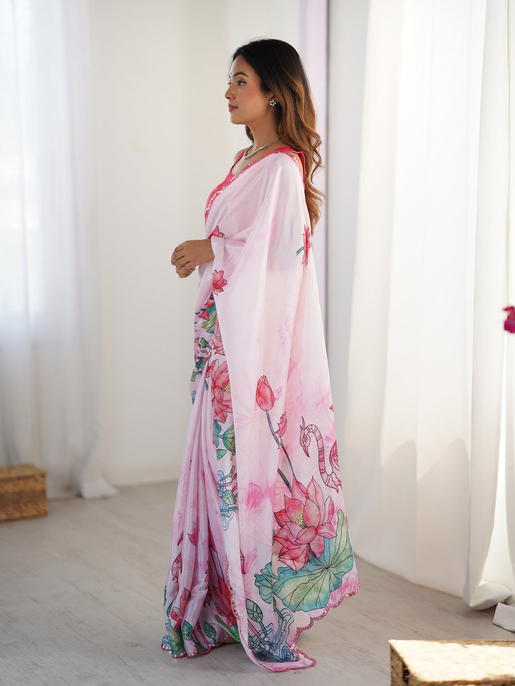 Light Pink Heavy Chinnon Saree With Lotus Print Unstitched Blouse