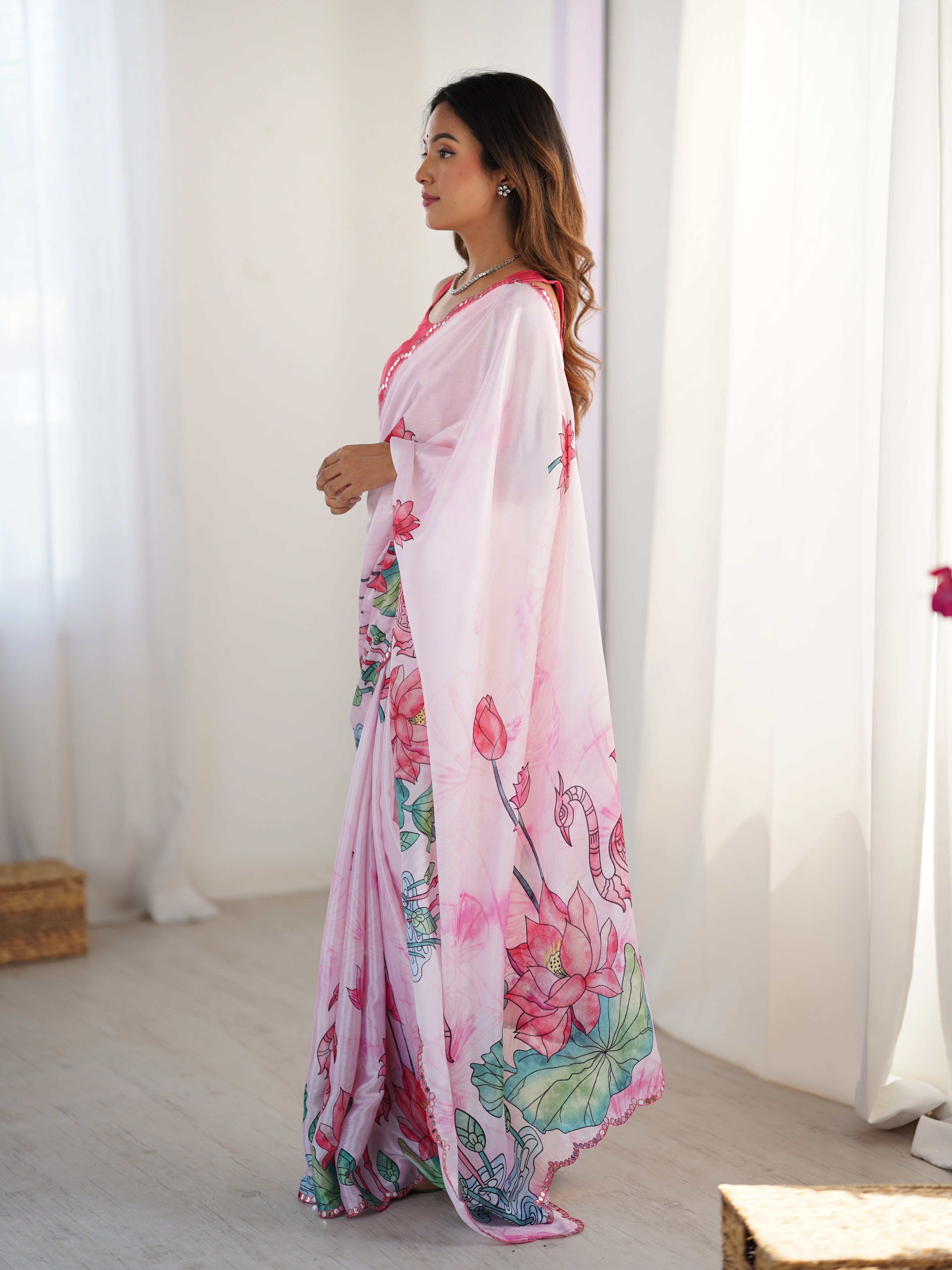 Light Pink Heavy Chinnon Saree With Lotus Print Unstitched Blouse