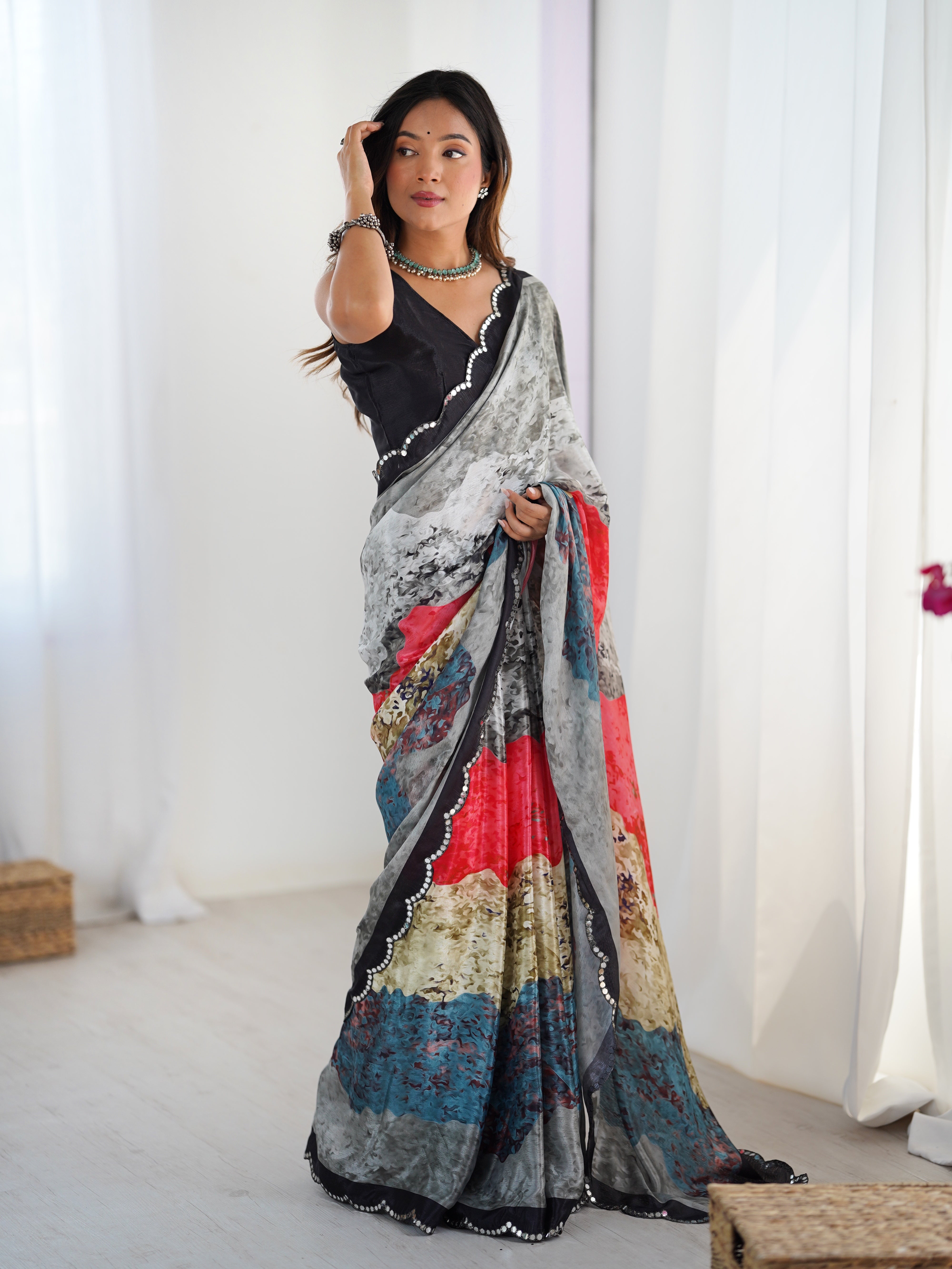 Multicolor Heavy Chinnon Saree With Unstitched Blouse