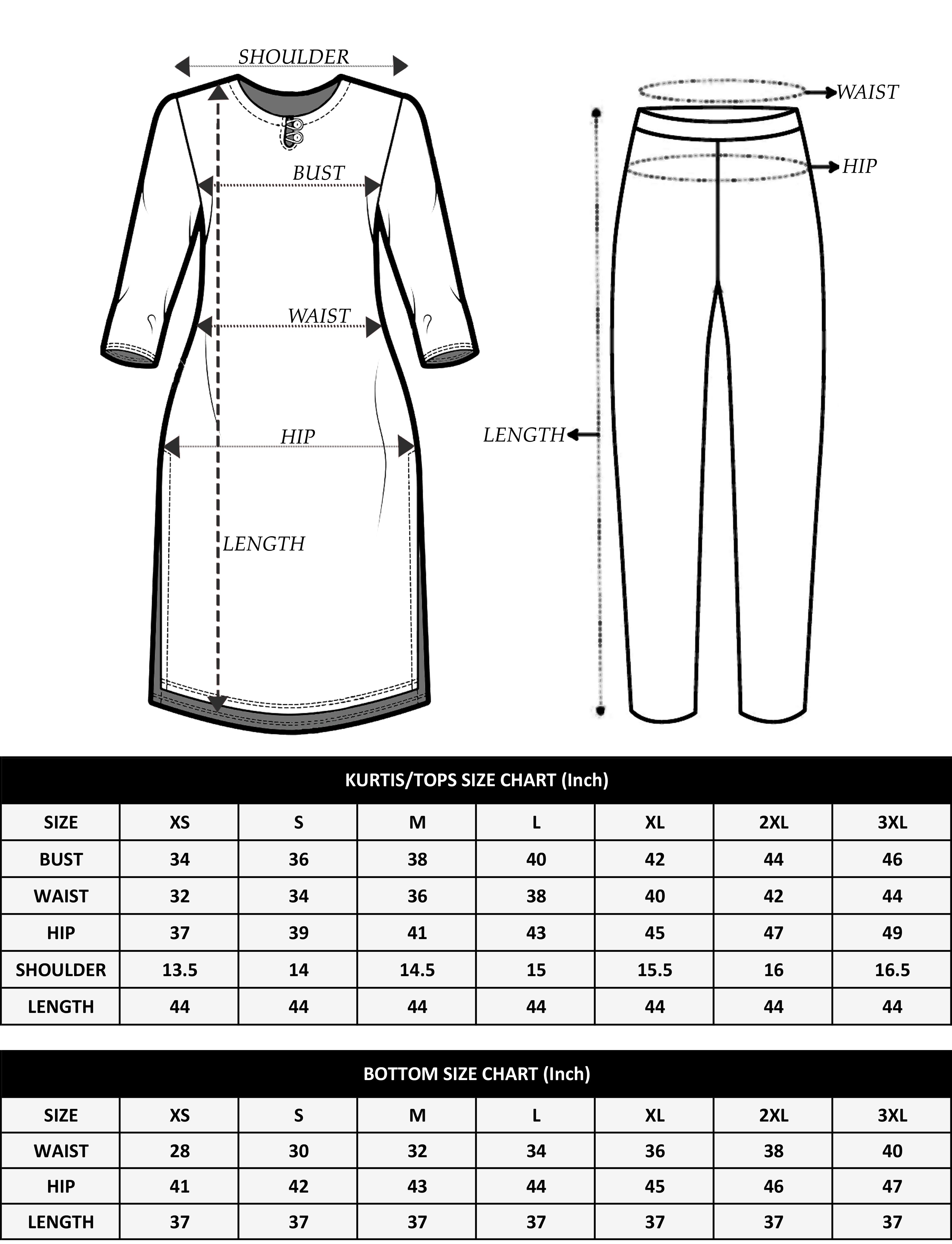 Measurement chart for kurtis/tops with labeled parts and size chart.