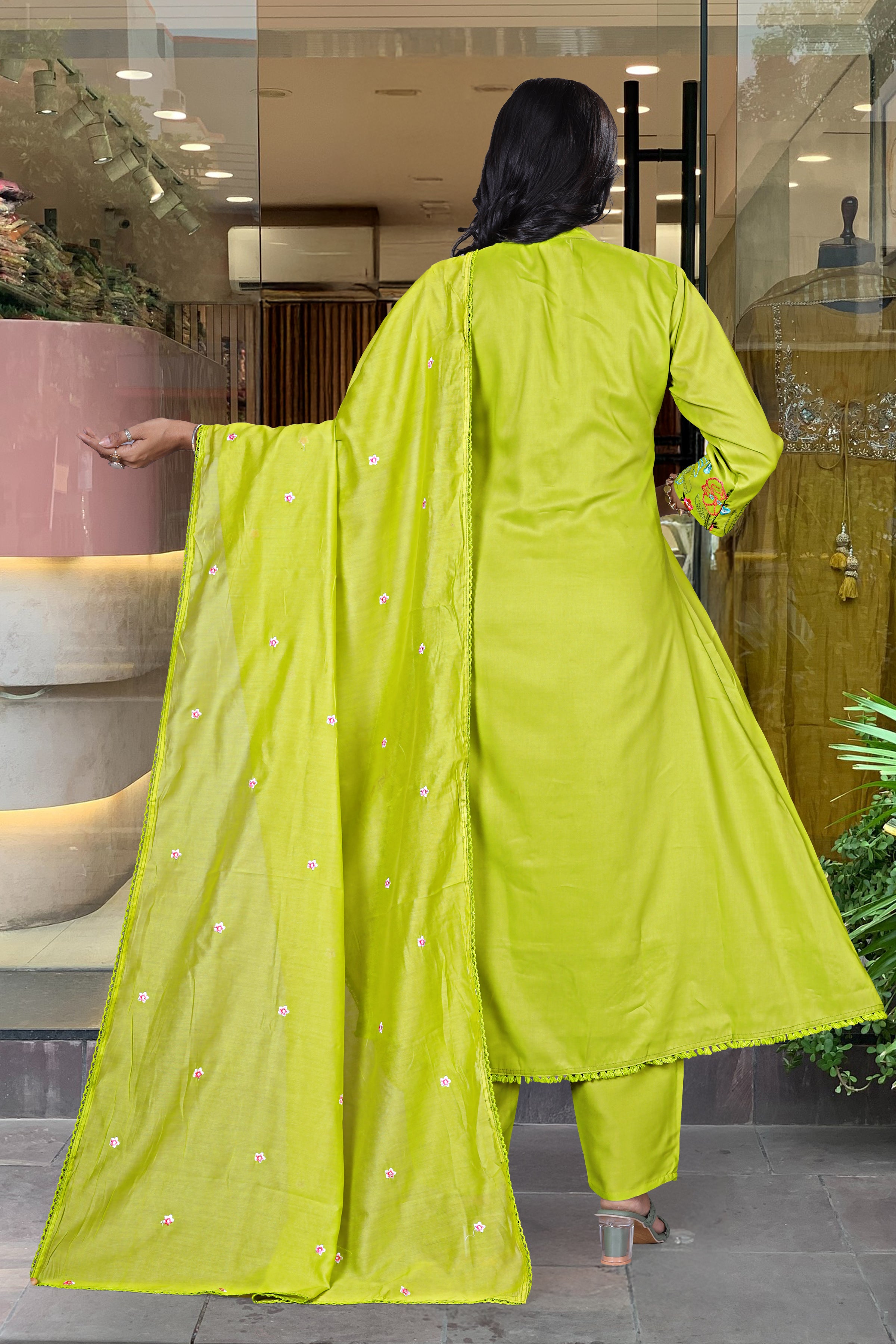 Pista Green Chanderi Silk Embroidered Kurta Set