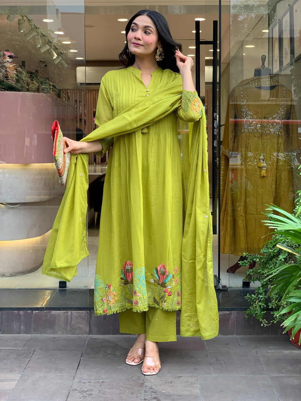 Pista Green Chanderi Silk Embroidered Kurta Set