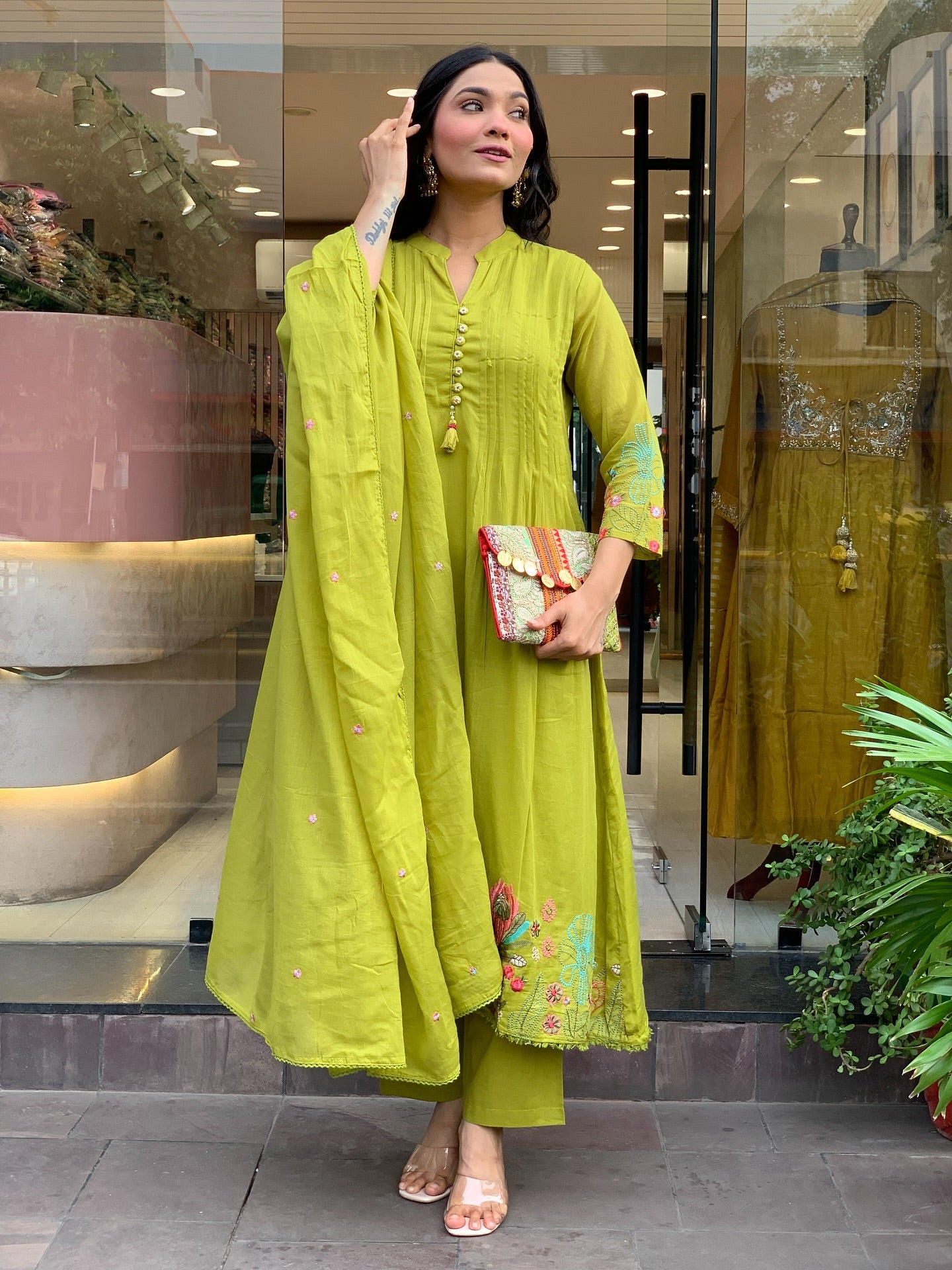 Pista Green Chanderi Silk Embroidered Kurta Set