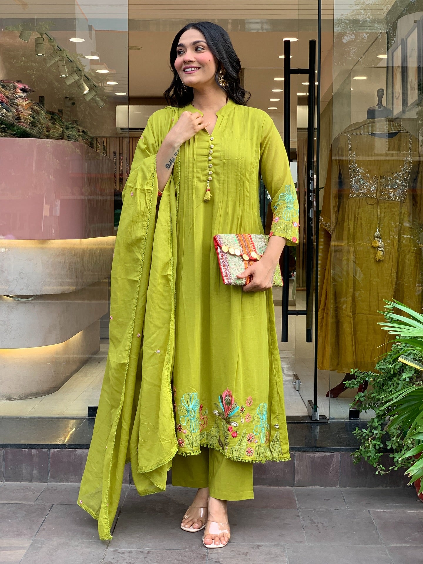 Pista Green Chanderi Silk Embroidered Kurta Set