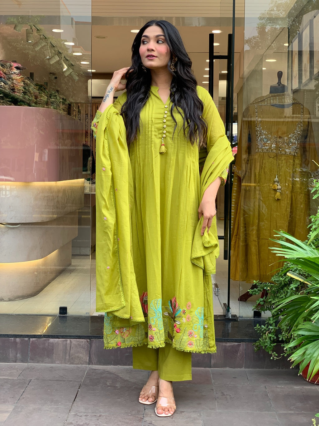 Pista Green Chanderi Silk Embroidered Kurta Set