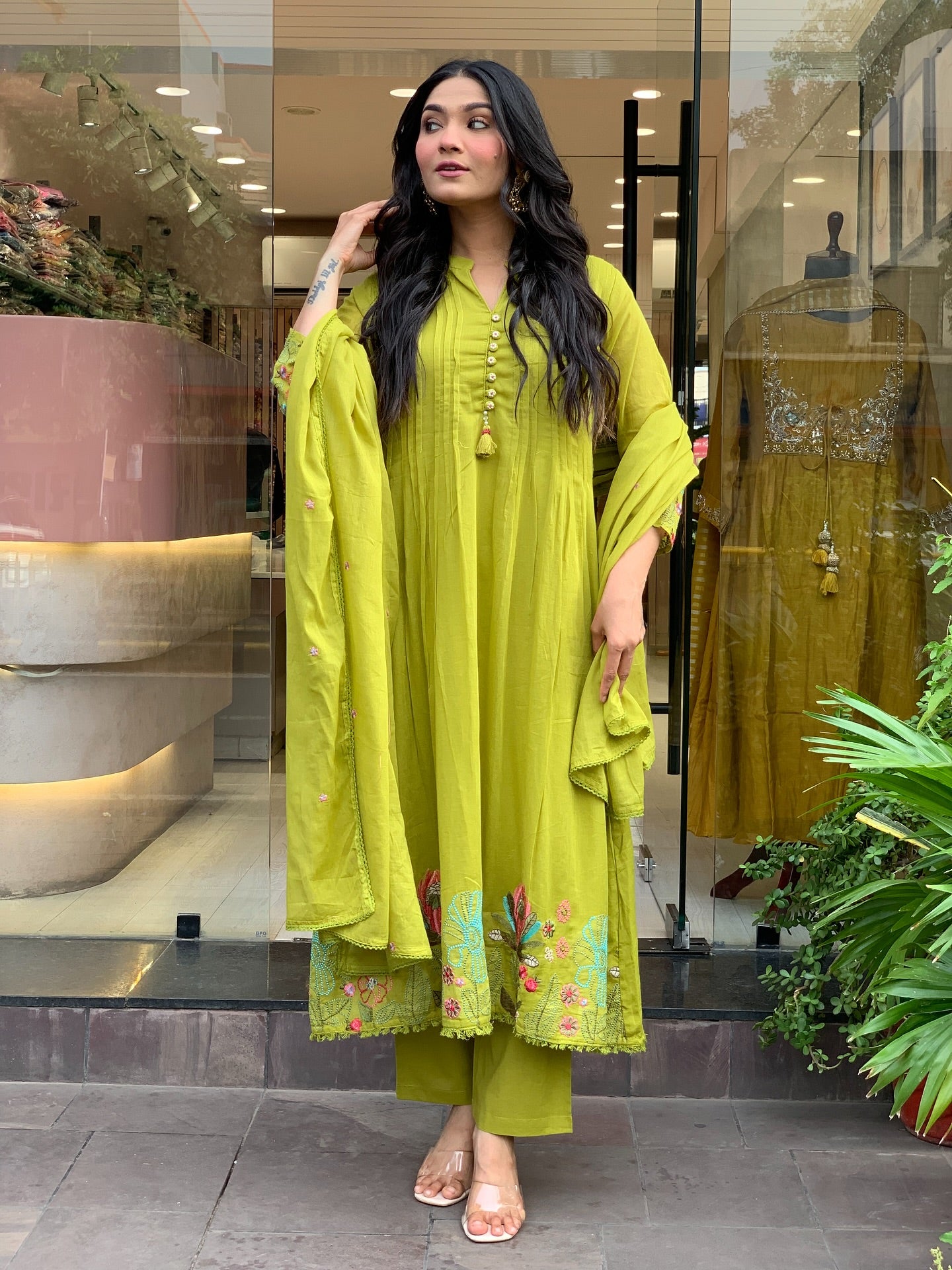 Pista Green Chanderi Silk Embroidered Kurta Set