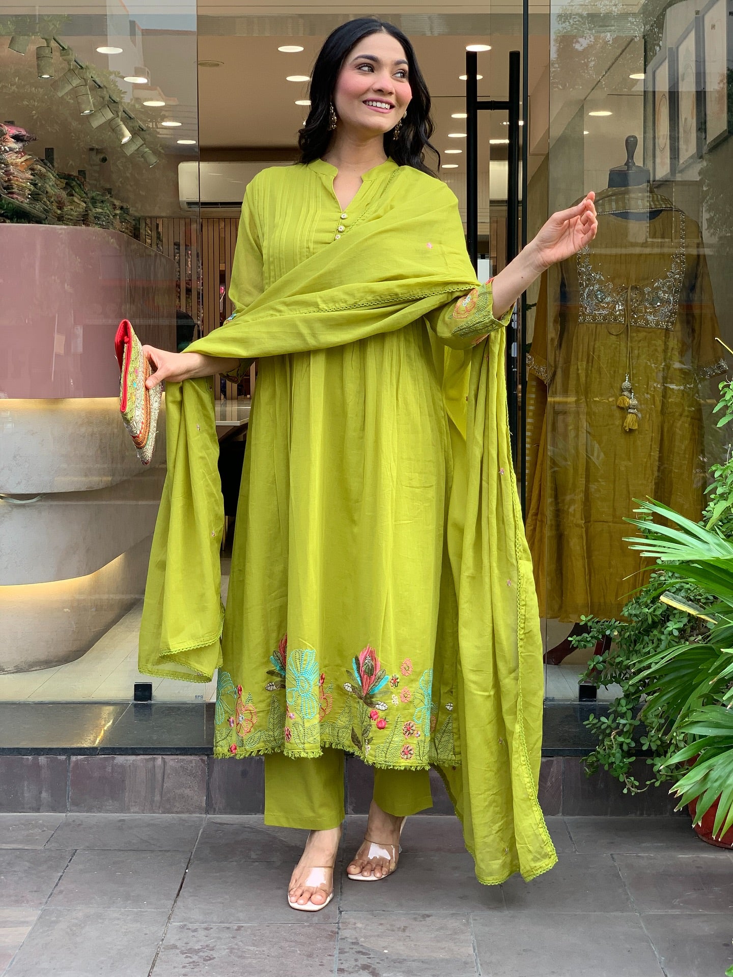 Pista Green Chanderi Silk Embroidered Kurta Set