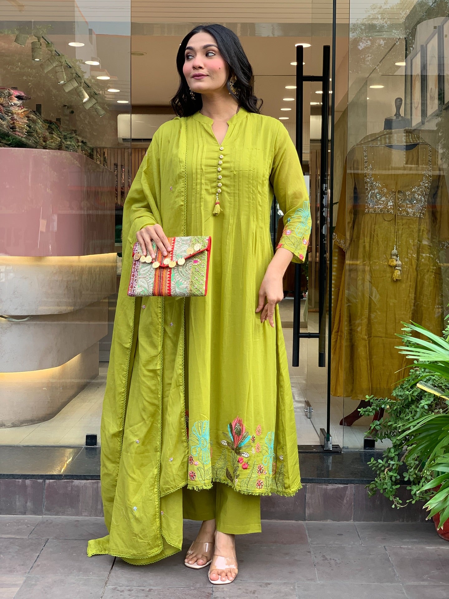 Pista Green Chanderi Silk Embroidered Kurta Set