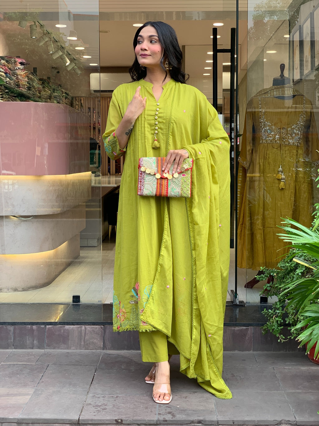 Pista Green Chanderi Silk Embroidered Kurta Set