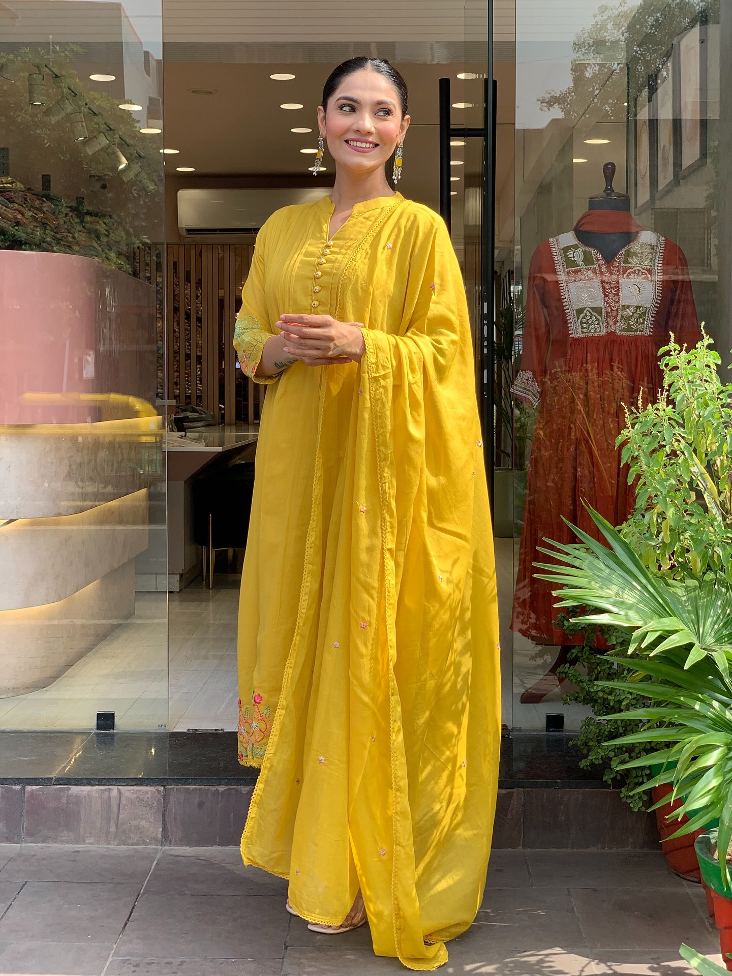 Mustard Yellow Chanderi Silk Embroidered Kurta Set