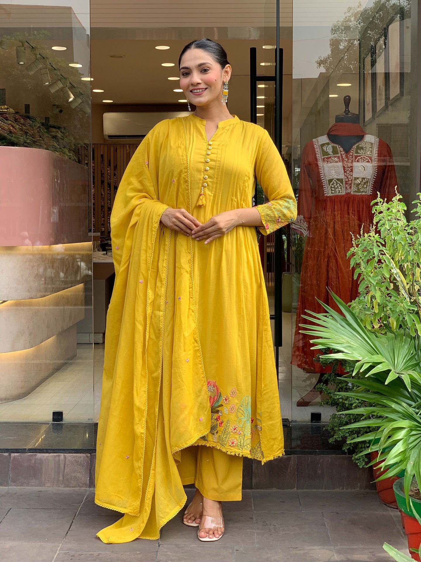 Mustard Yellow Chanderi Silk Embroidered Kurta Set