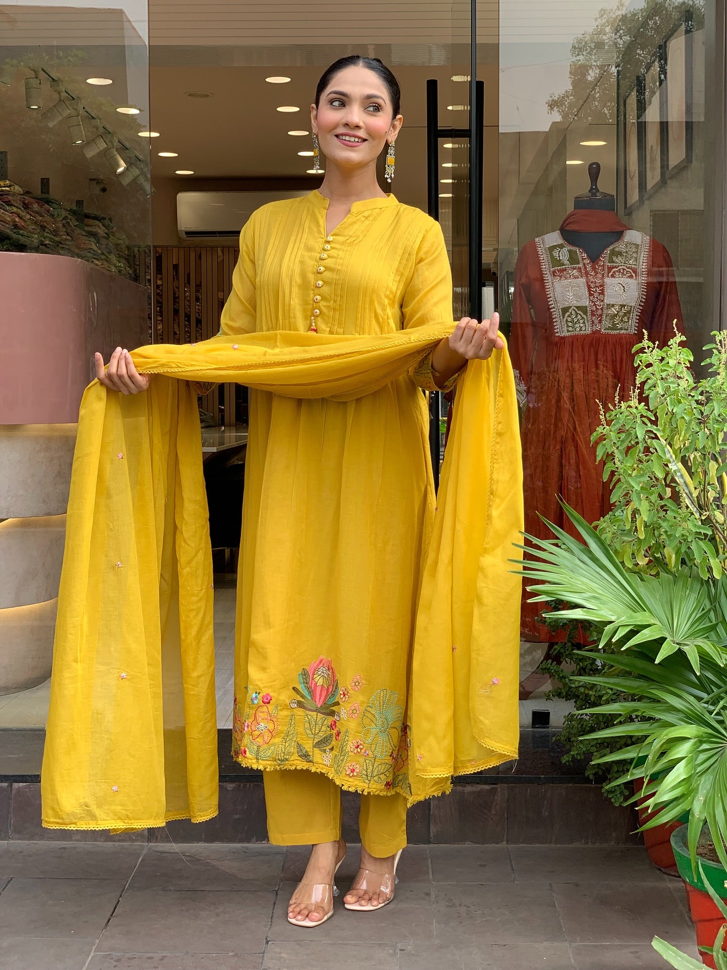 Mustard Yellow Chanderi Silk Embroidered Kurta Set