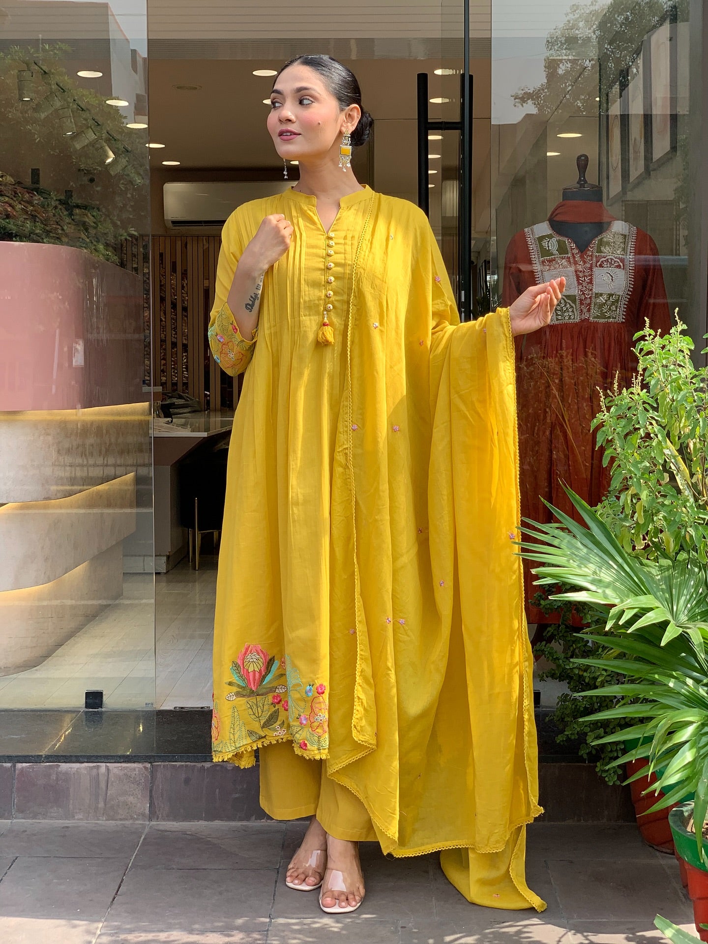 Mustard Yellow Chanderi Silk Embroidered Kurta Set