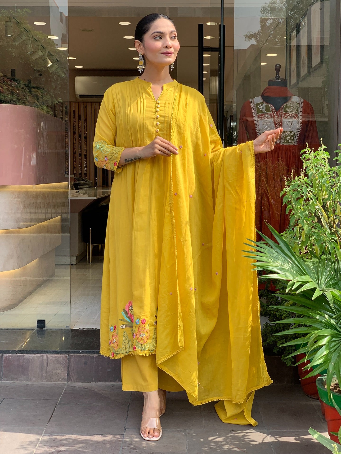 Mustard Yellow Chanderi Silk Embroidered Kurta Set
