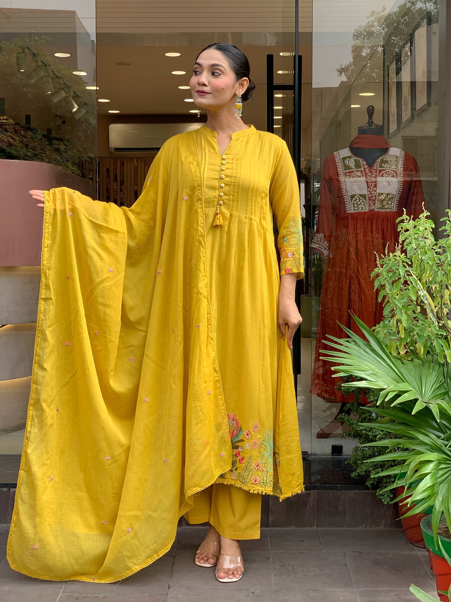 Mustard Yellow Chanderi Silk Embroidered Kurta Set