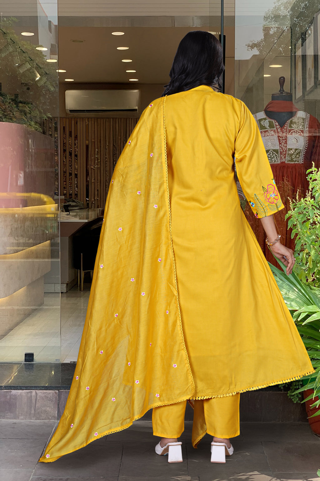 Mustard Yellow Chanderi Silk Embroidered Kurta Set