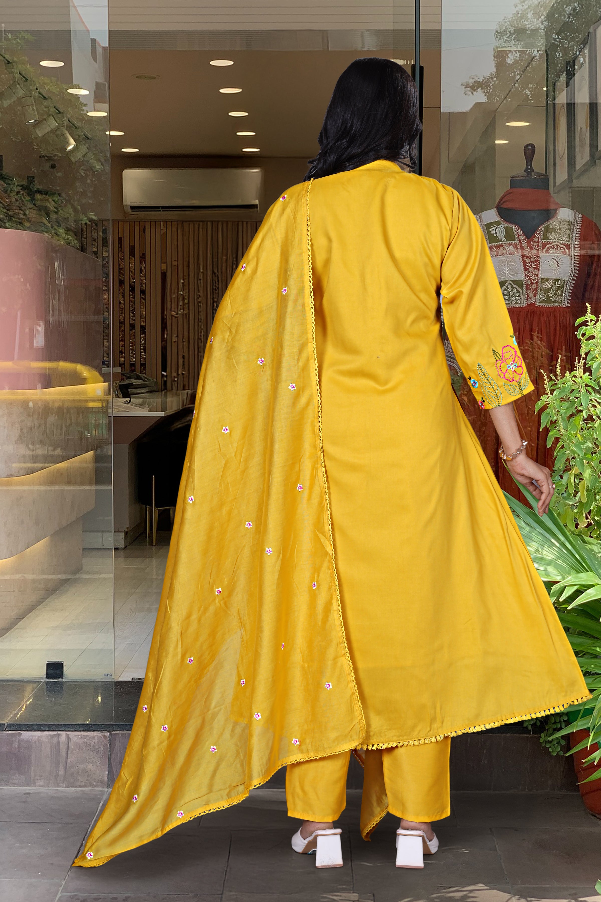Mustard Yellow Chanderi Silk Embroidered Kurta Set