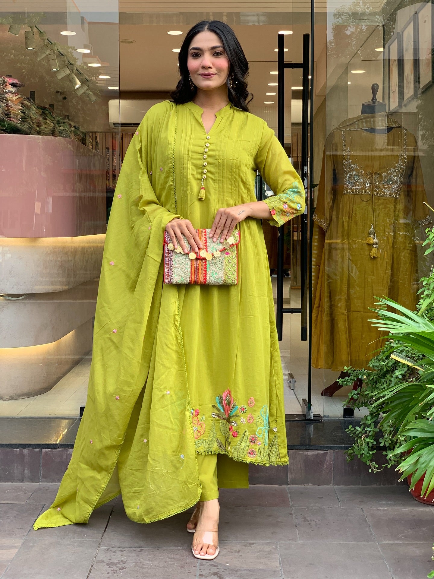 Mustard Yellow Chanderi Silk Embroidered Kurta Set