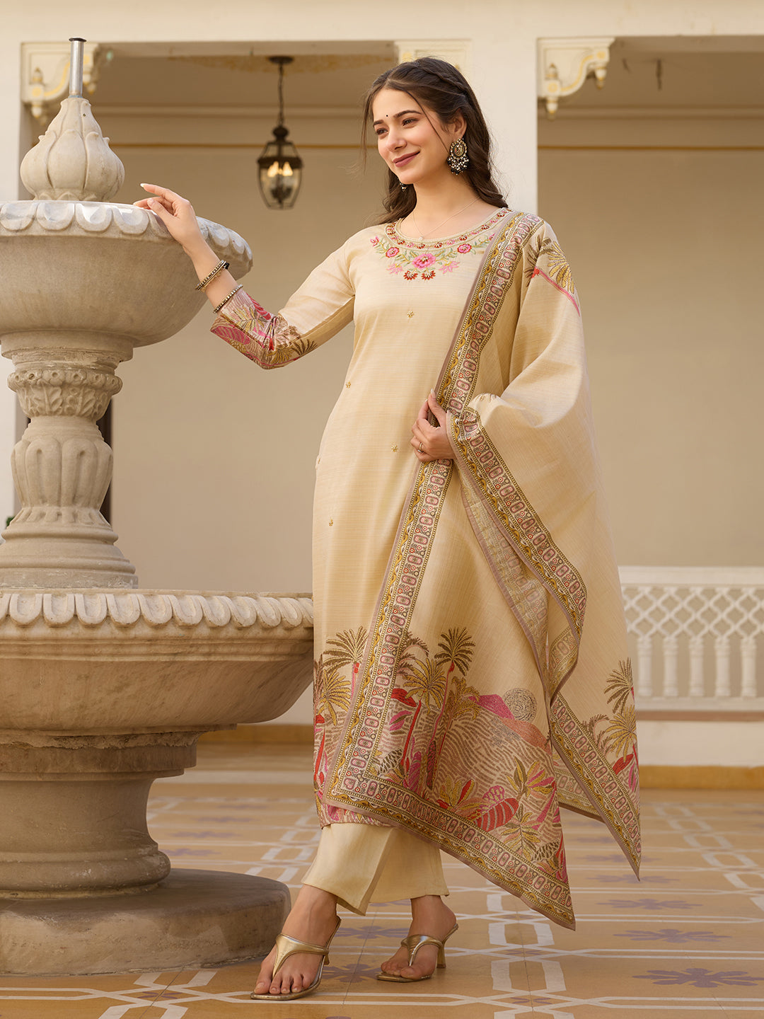 Chiku Premium Viscose Assam Slik Embroidered Kurta Set with Dupatta