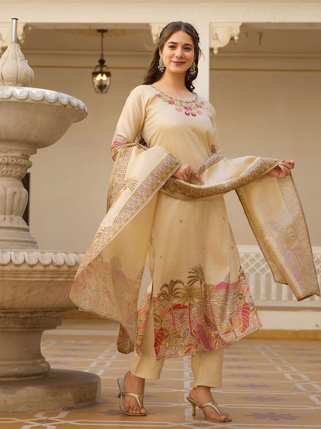 Chiku Premium Viscose Assam Slik Embroidered Kurta Set with Dupatta