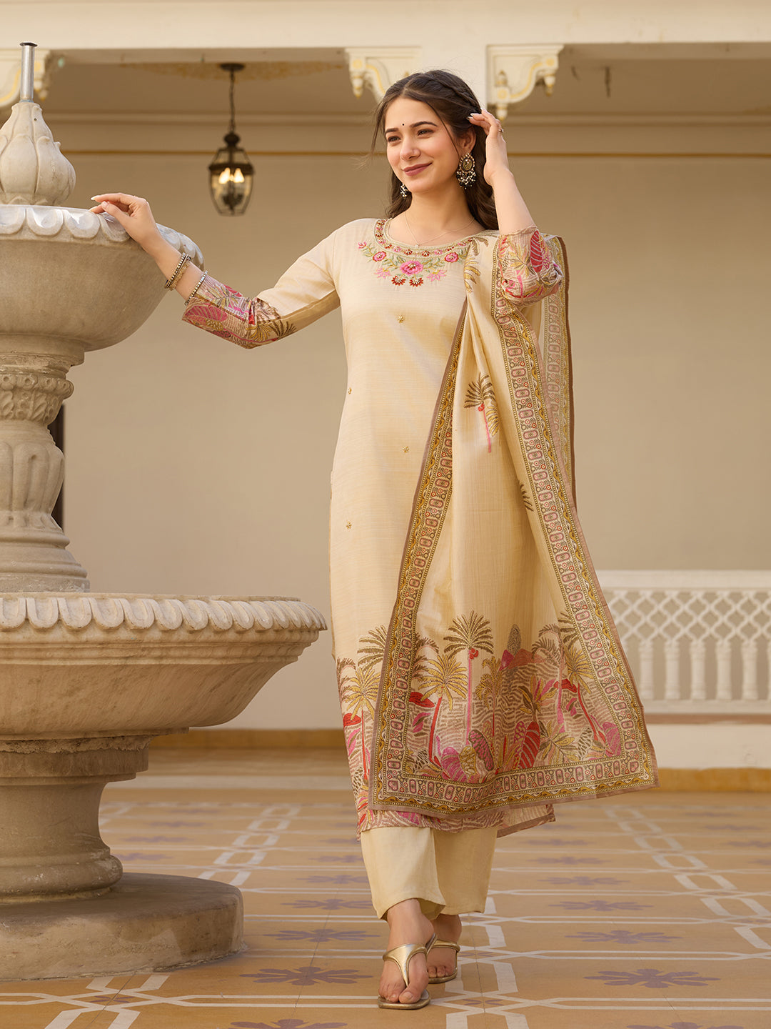 Chiku Premium Viscose Assam Slik Embroidered Kurta Set with Dupatta