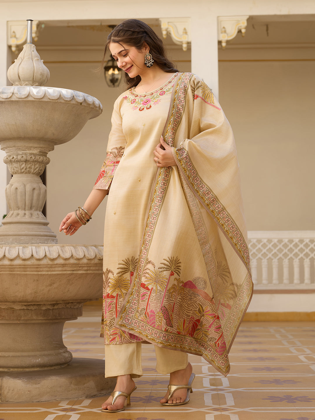 Chiku Premium Viscose Assam Slik Embroidered Kurta Set with Dupatta