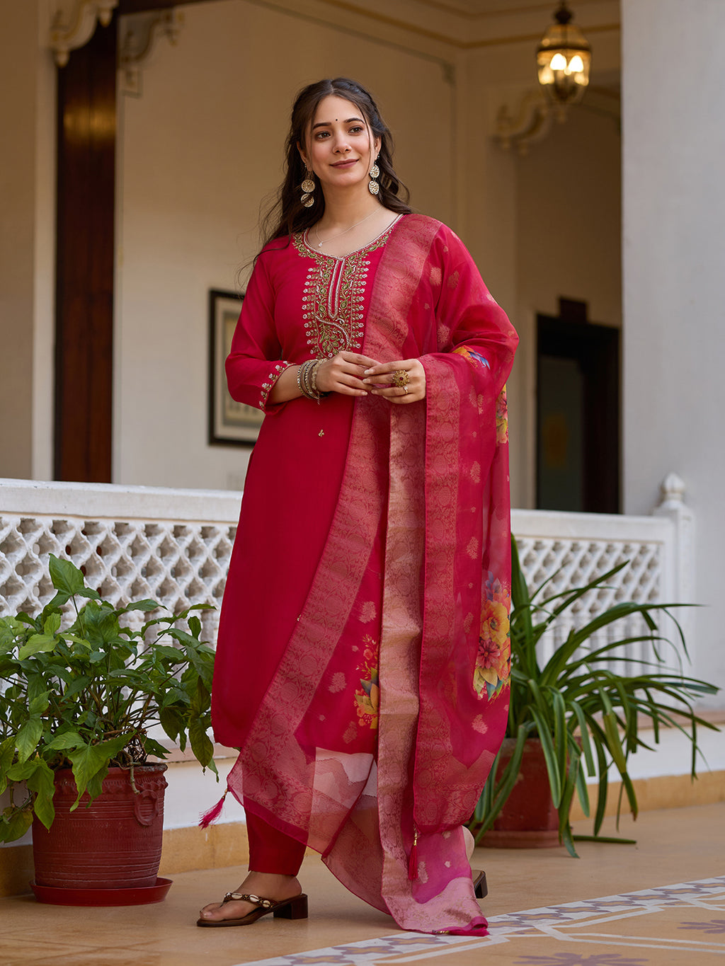Maroon Premium Viscose Chandari Embroidered Kurta Set with Dupatta