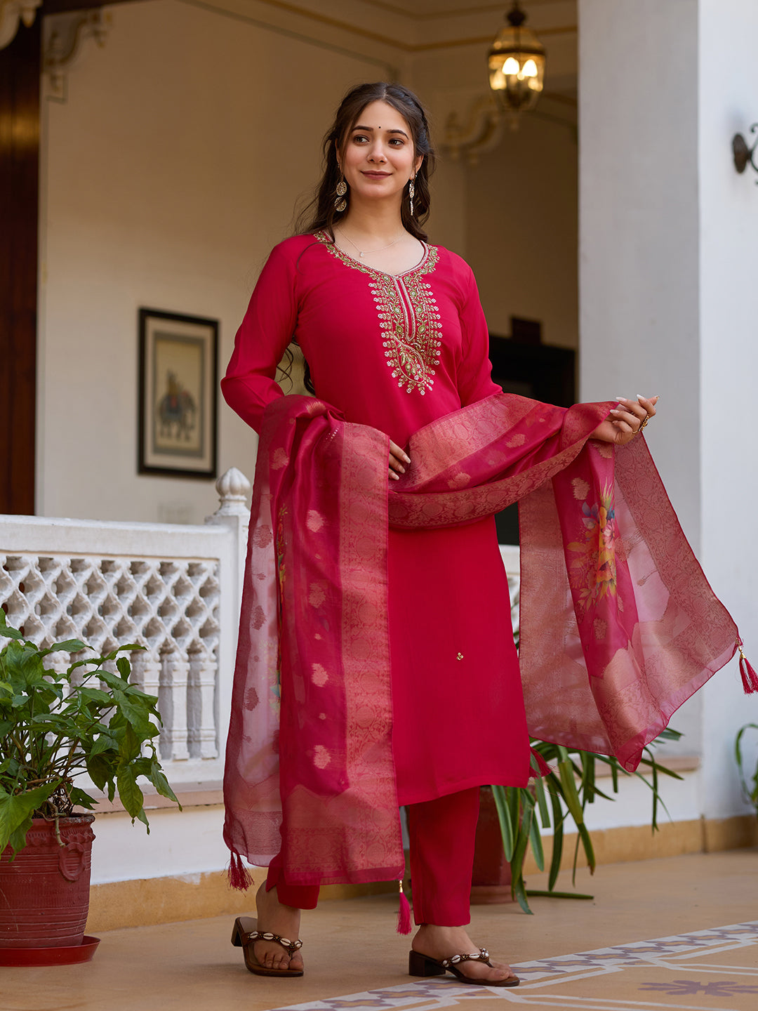 Maroon Premium Viscose Chandari Embroidered Kurta Set with Dupatta