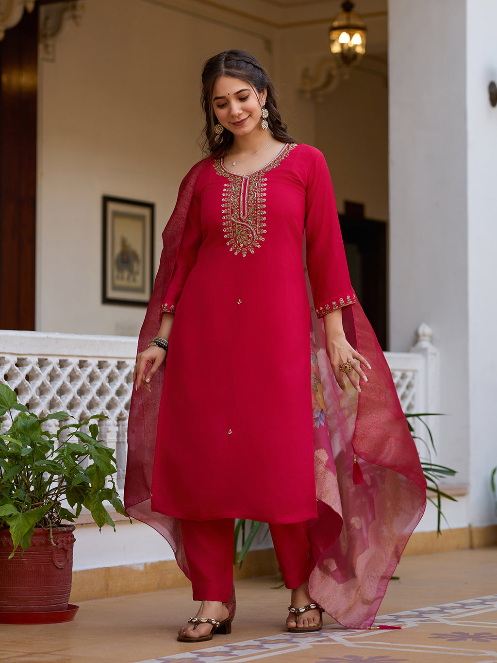 Maroon Premium Viscose Chandari Embroidered Kurta Set with Dupatta