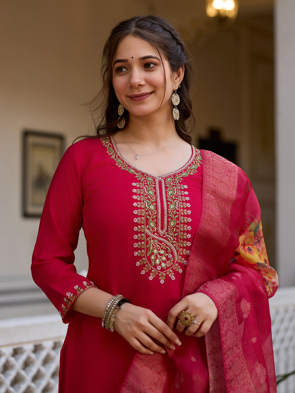 Maroon Premium Viscose Chandari Embroidered Kurta Set with Dupatta