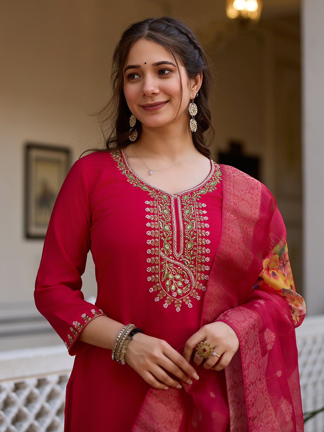 Maroon Premium Viscose Chandari Embroidered Kurta Set with Dupatta