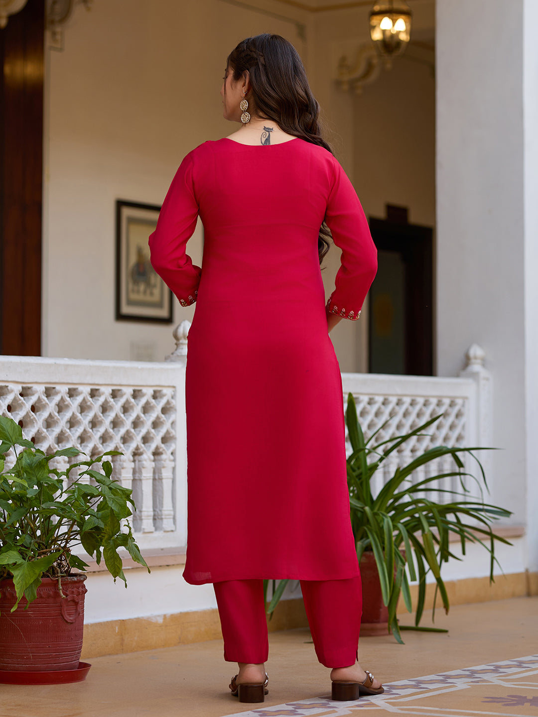 Maroon Premium Viscose Chandari Embroidered Kurta Set with Dupatta