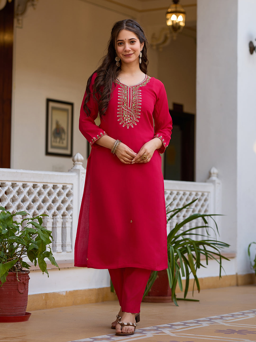 Maroon Premium Viscose Chandari Embroidered Kurta Set with Dupatta
